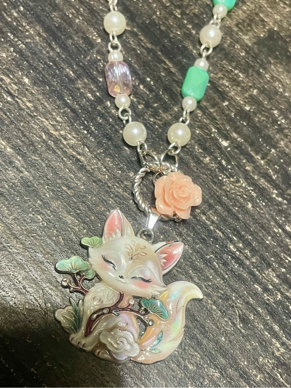 Pink Enamel Fox Pendant Necklace with Coral Rose Charm - Picture 10 of 11